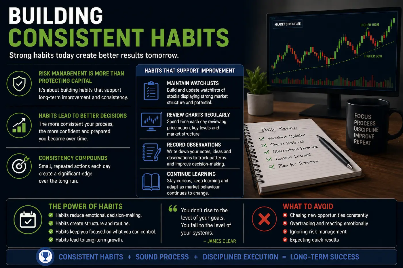 Illustration highlighting the importance of building consistent research habits, maintaining watchlists, reviewing charts and following a disciplined investment routine.