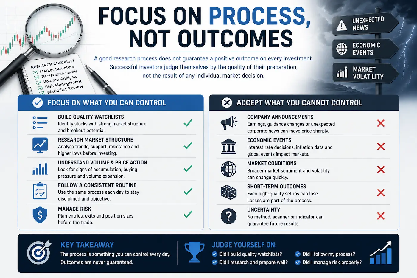 Illustration showing the importance of focusing on a consistent investment research process rather than the outcome of any individual investment.